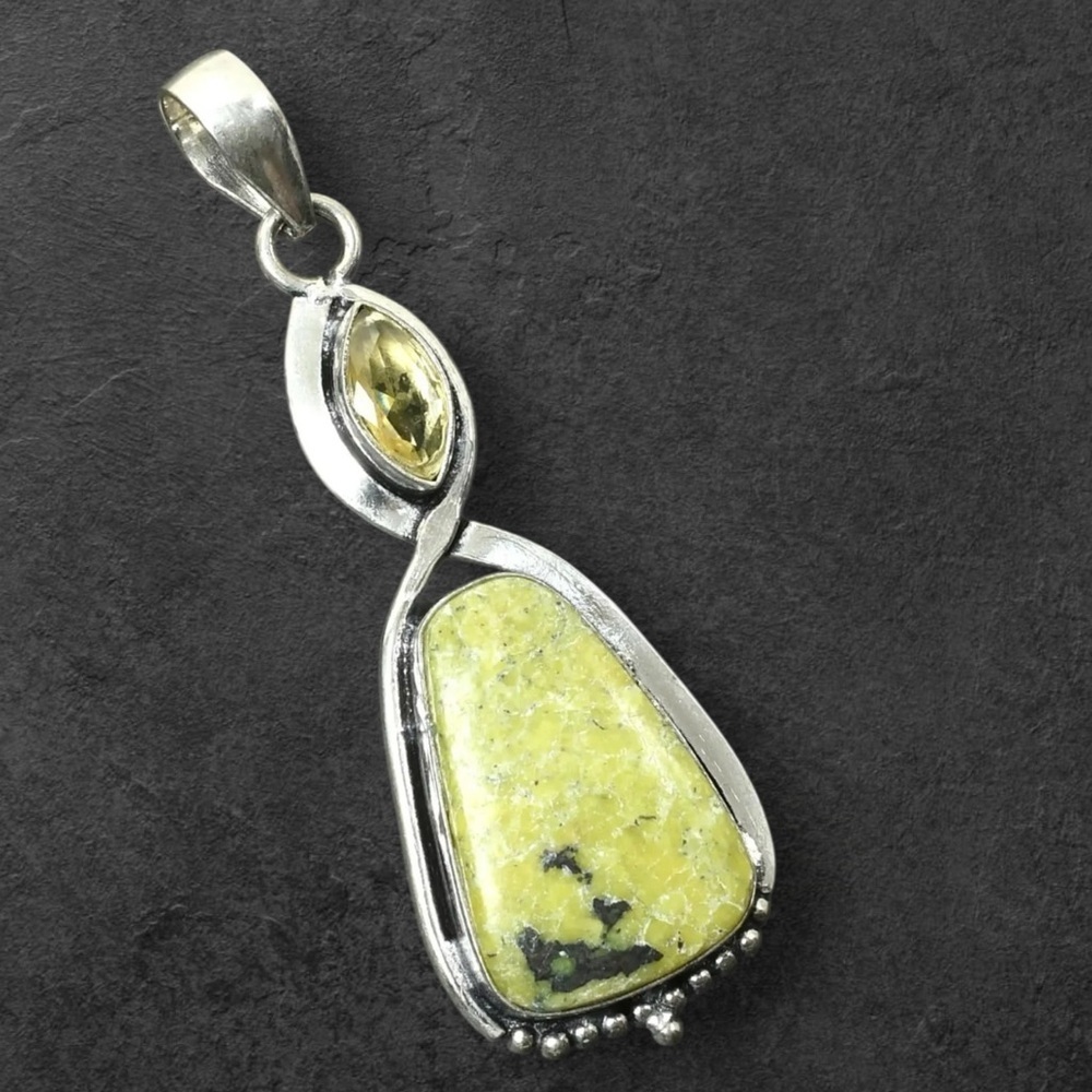 Hand Crafted Artisan Silver Pendant Green Moss Agate and Citrine Accent Ethnic